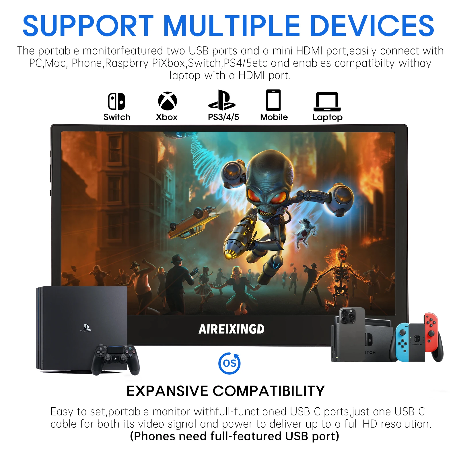 AIREIXINGD 11.6인치 IPS 휴대용 모니터 FHD 1920*1080 노트북 XBox PS4/5 스위치 휴대폰 PC 확장 모바일 모니터