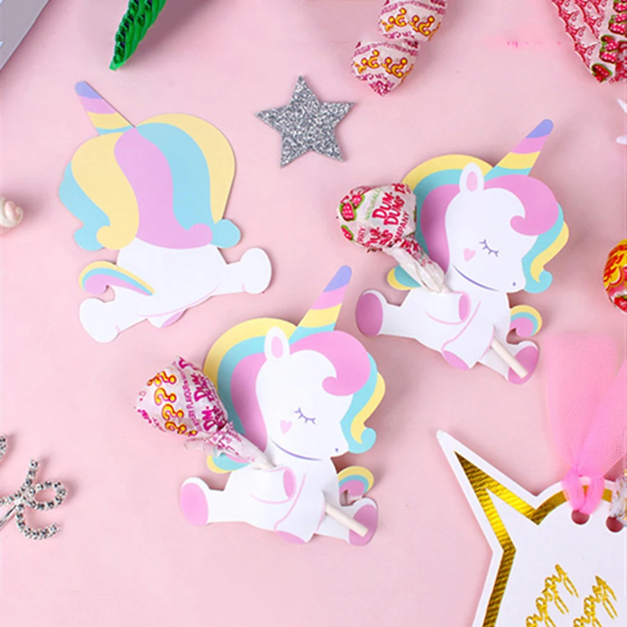 50 teil/satz Einhorn Lutscher Einhorn Party Dekorationen Kinder Dekoration Karten Süßigkeiten Gefälligkeiten Dekor für Gast Baby Geburtstag Liefert