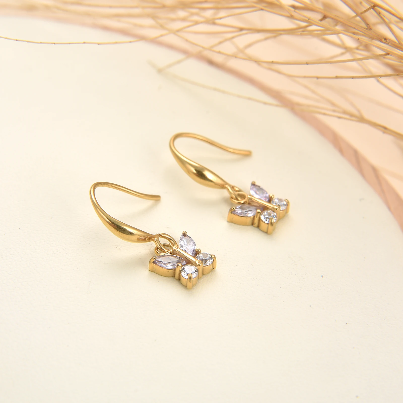 8k Gold Plated Cubic Zirconia Drop Dangle Fish Hook Earrings, Stainless Steel Butterfly Cross Bar CZ Dangling  Earring for Women