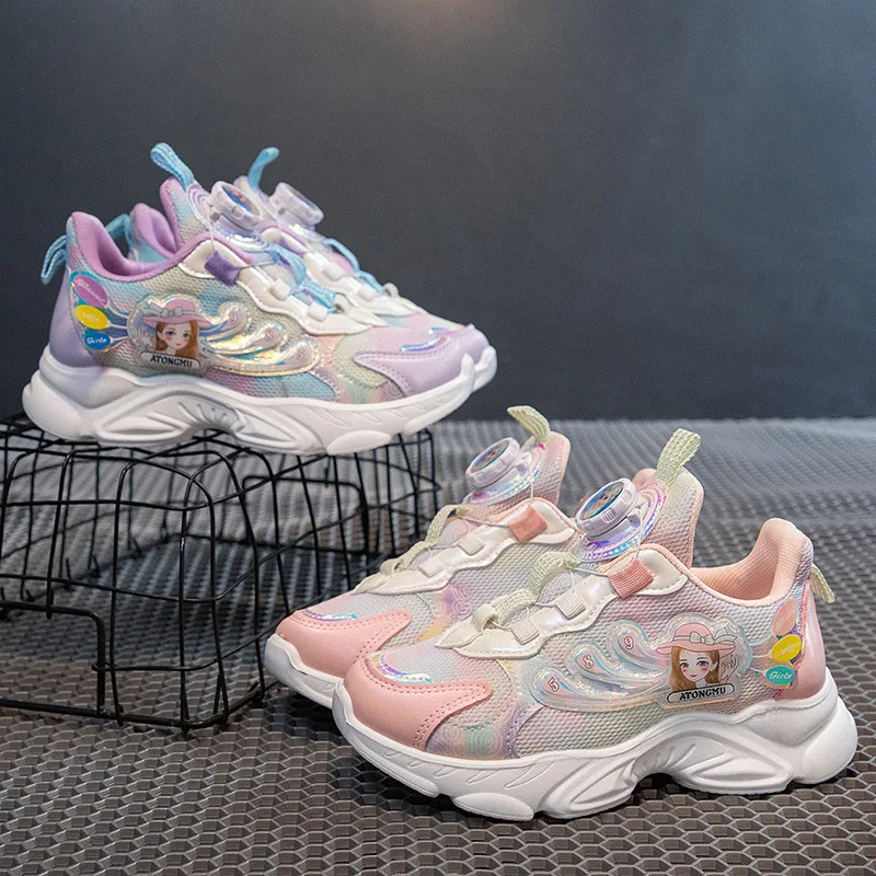 

Girls Princess Children's Shoes Spring and Autumn New Rotating Buckle Soft Bottom Running Shoes Little Girl Mesh Cartoon Lightwe