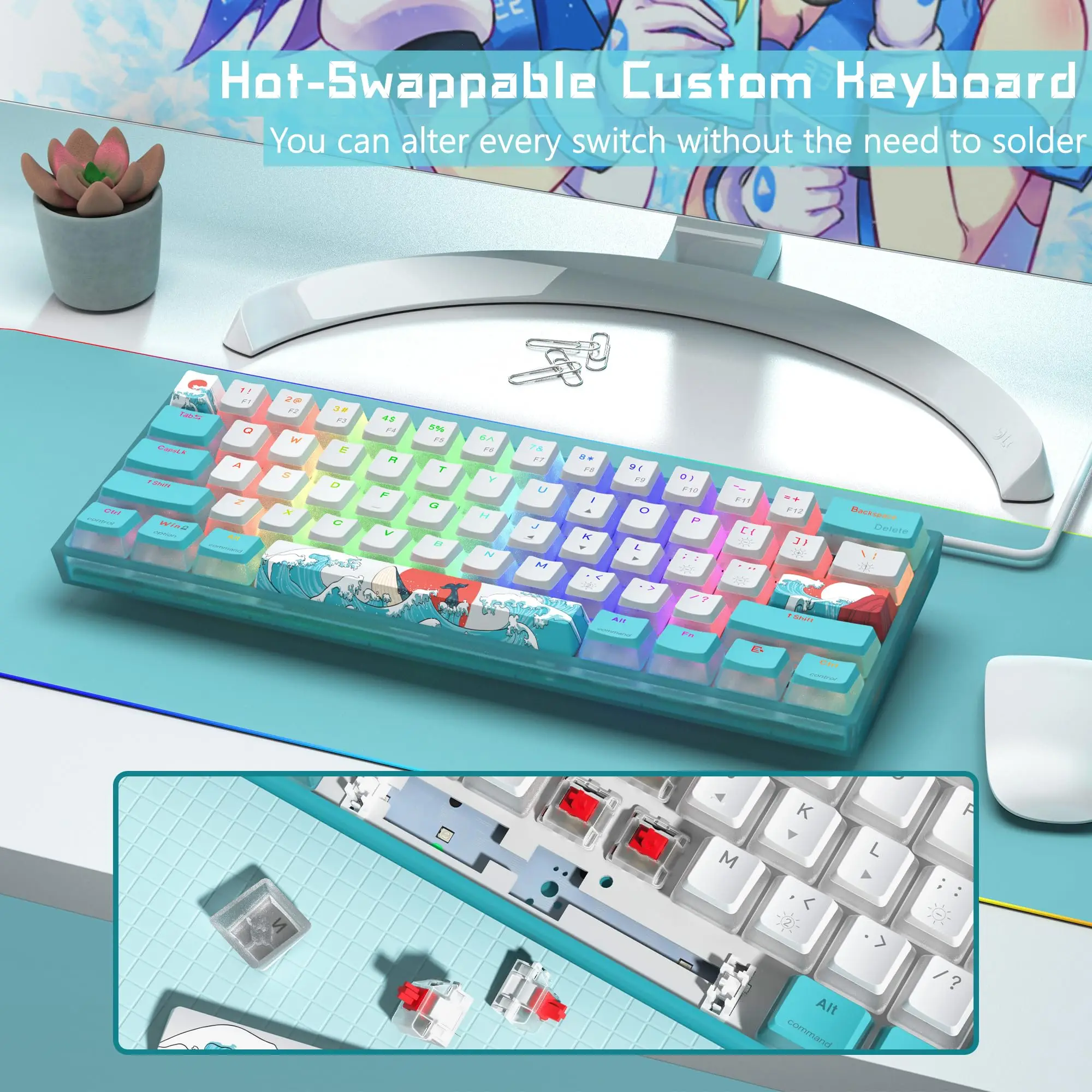 Teclado Gaming Wk61 Rgb Wired Hot-swappable Blue Sea Theme Pbt Keycaps para Windows pc Gamers Wk61-mechanical - Imagem 3