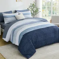 Comforter Set Queen Size 7 Piece Bed in a Bag Boho Blue Striped Bedding Set Soft Microfiber Comforter and Sheet Set for All Seas