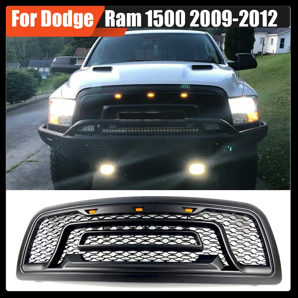 

For Dodge Ram 1500 2009-2012 Car Accessories Front Grills ABS Upper Front Racing Mesh Grilles With LED Lights Pickup Auto Parts