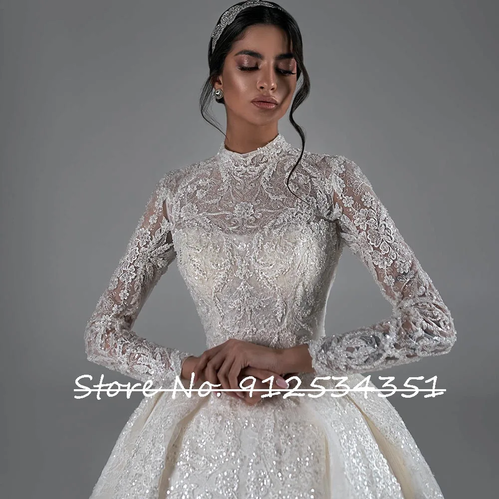 O-Neck Pearls Back Long Sleeve Beaded Appliques Shiny Sequins Lace Princess Ball Gown Wedding Dress Vestido De Novia