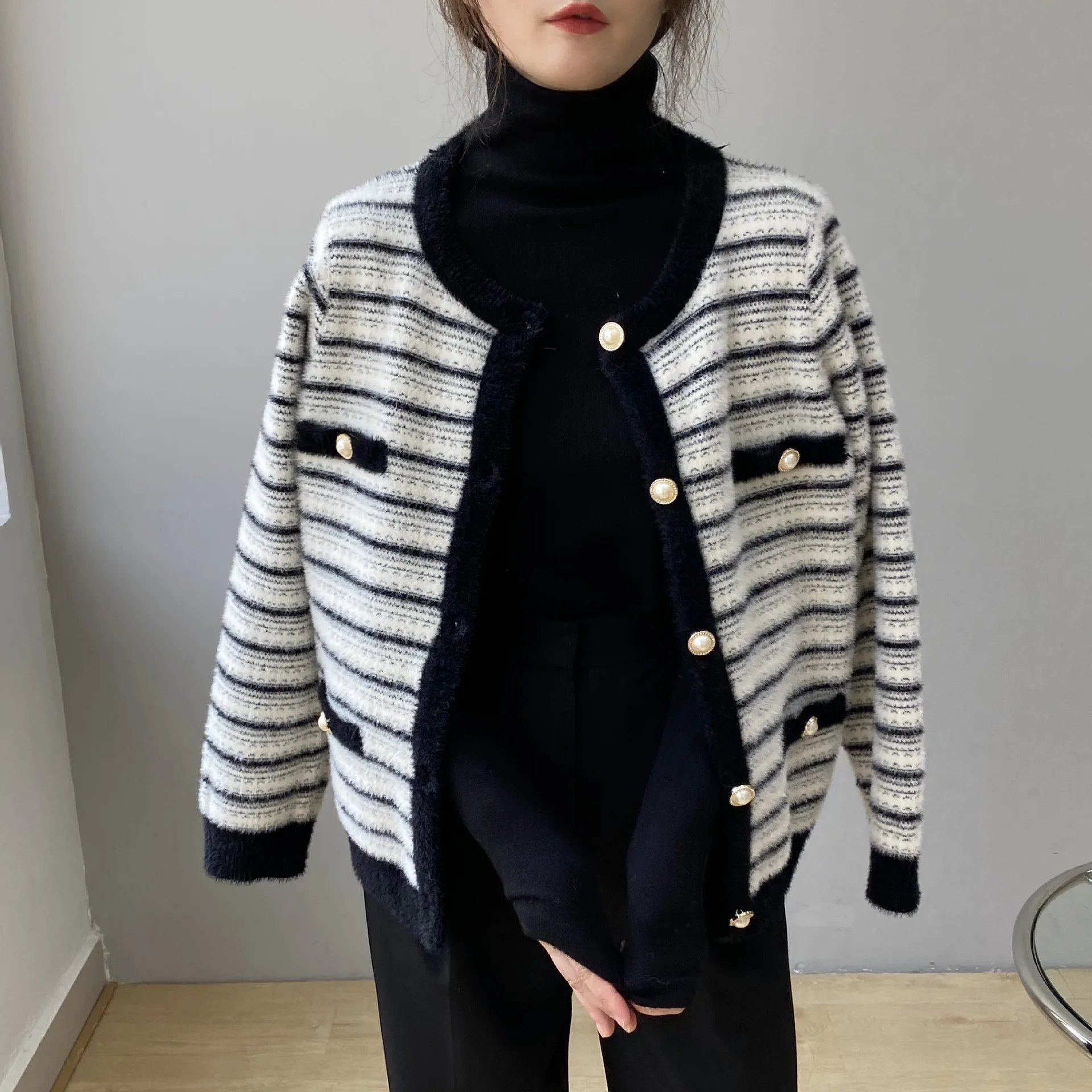 pink cardigan 2021 Autumn Women Vintage O-Neck Knitted Coat Striped Tops Long Sleeve Women Cardigans Fashion Casual Sweater brown cardigan Sweaters