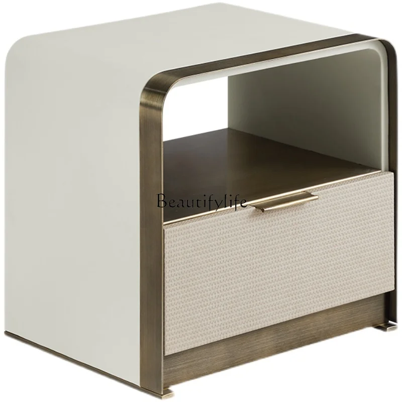 

Italian High-End Bedside Table Light Luxury Modern Simple Leather Stainless Steel Minimalist Bedside Cabinet