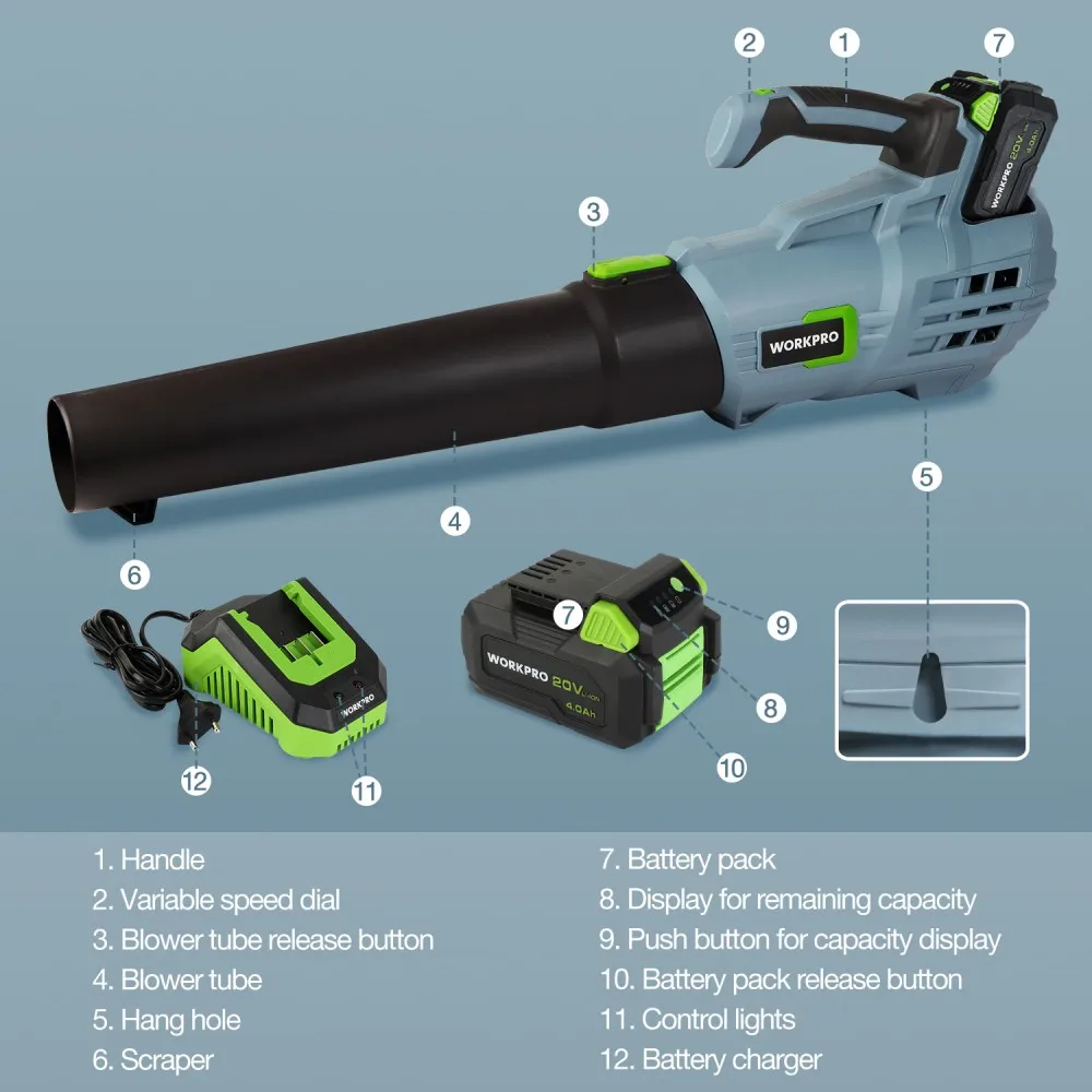 WORKPRO 4.0Ah Battery 20V Cordless Leaf Blower Variable Speed Air Powered Blower Sweeper for Dust,Snow Blowing Garden Power Tool 3