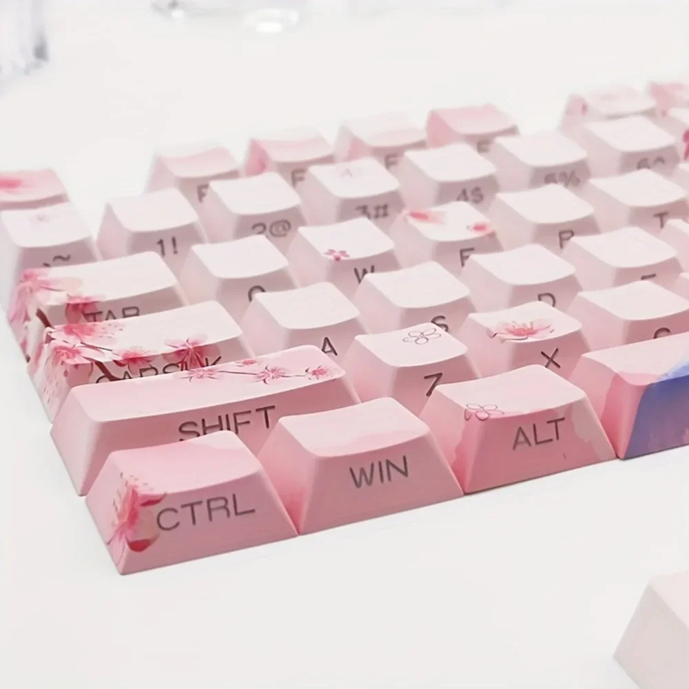 Cherry Blossom Pink Illuminated Keycap Set, Side Engraved PBT Material, 128 Keys, Cute Girl Design