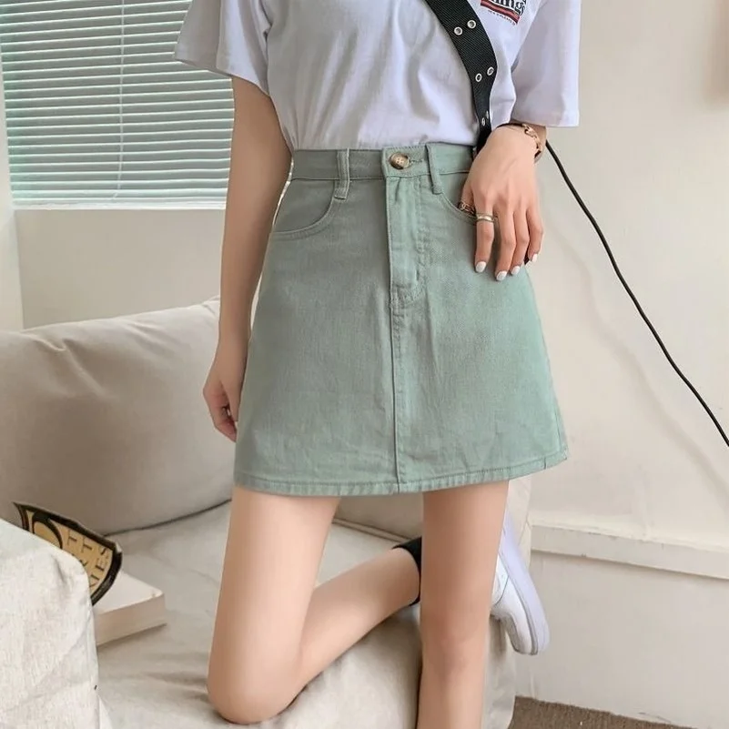 

Summer Women Vintage High Waist Cotton Denim Jean Skirts Female Students Versatile Korean Casual A-Line Skirt Solid Durikies