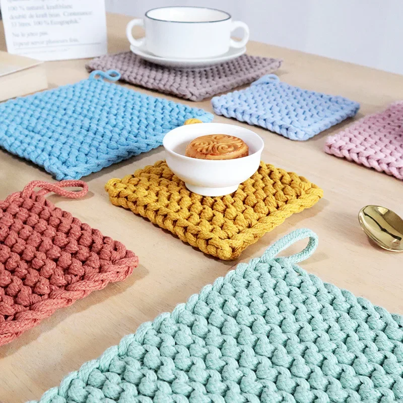 

6/4pcs Heat Insulation Placemat Home Kitchen Dining Mat Square Cup Pad Woven Heat Insulation Plate Mat Plain Color Plate Mug Mat