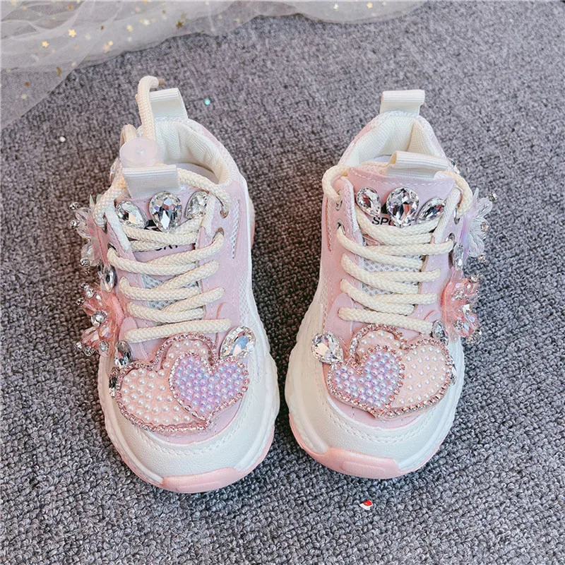 Kids Girls Sneakers Spring Casual Running Sports Trainers Breathable Flats Pearl Diamond