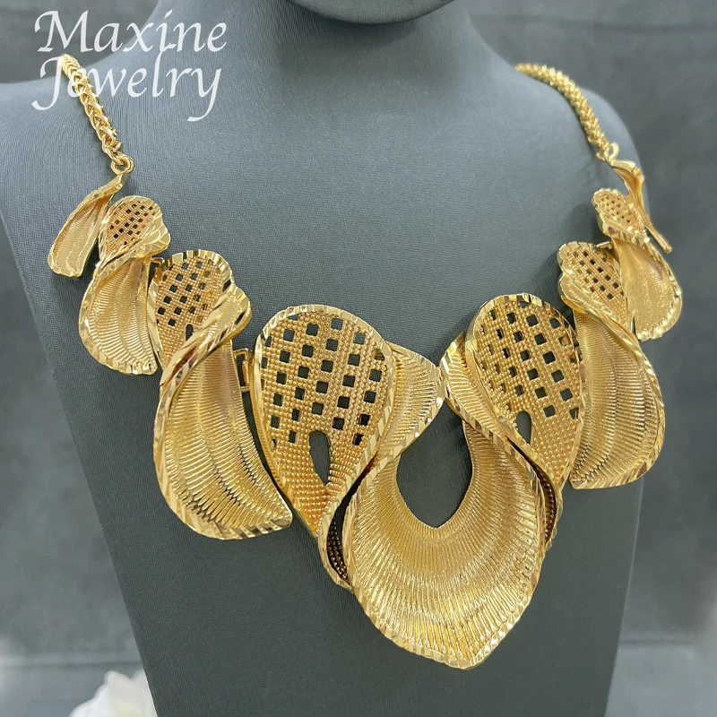 18K Gold Plated Jewelry Set for Women Fashion Necklace Earrings Eardrop Dubai Trendy Female Luxury Retro Wedding Party Gifts - 2