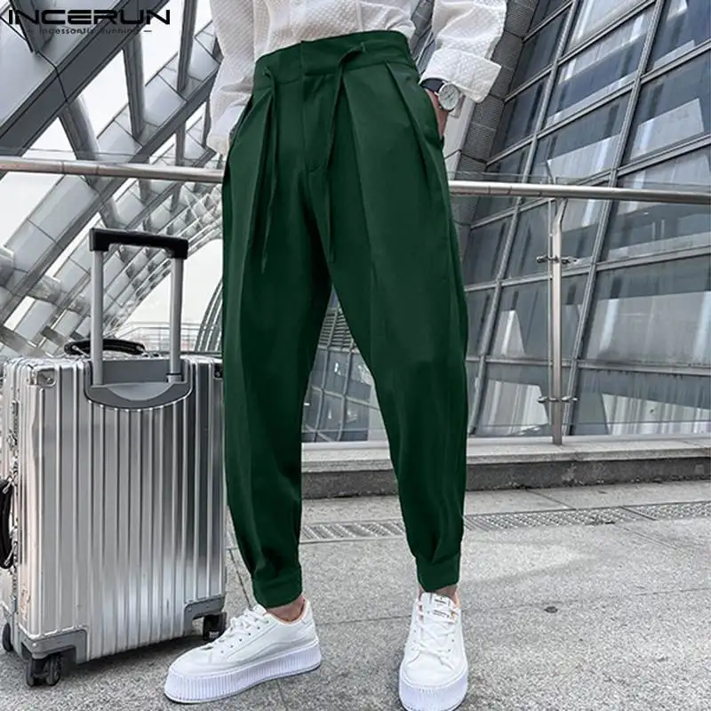 Men Trousers Fashion Men Pants Solid Color Lace Up Pleated Joggers Casual Trousers Men Loose Streetwear Leisure Long Pants S-5XL INCERUN