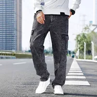 Jean ample en denim pour homme, taille haute, coupe droite, noir/gris, grandes poches, style urbain, grande taille, pantalon long, automne-hiver 3