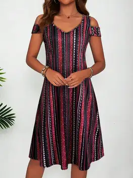 Women's Ethnic Striped Print Cold Shoulder Midi Dress Summer Casual V Neck A Line Flowy Short Sleeve Sundress Beach Dress 1