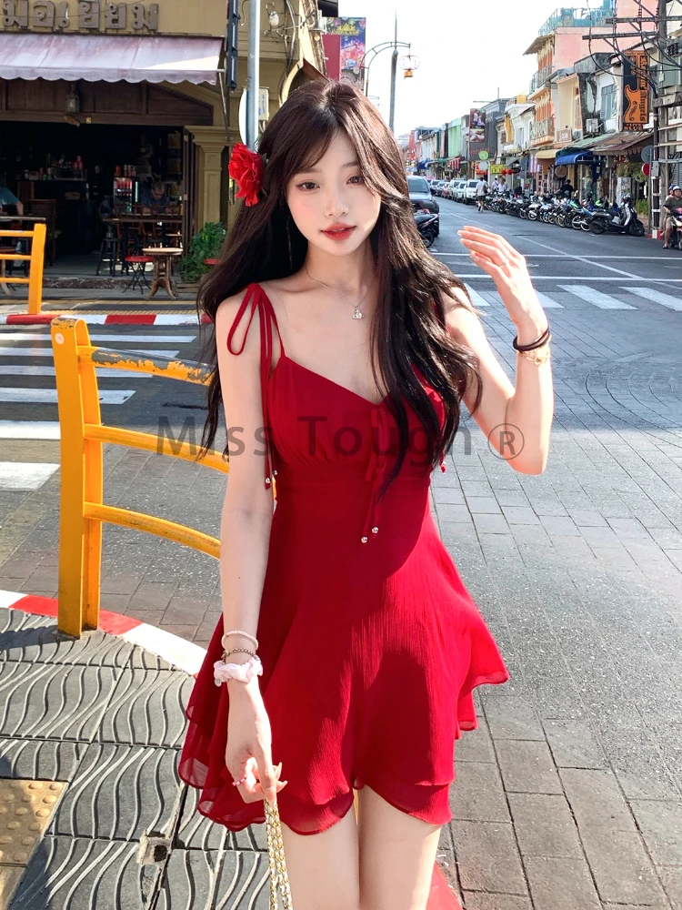 Red Sexy Aesthetic One Piece Dress Women Sweet Vintage Strap Even - Main Image