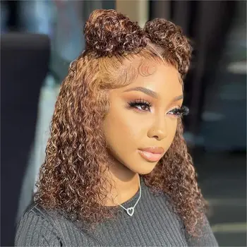Ombre Bob Wig Human Hair 4/27 Highlight Wear and Go Glueless Wig Deep Wave Curly Honey Blonde Lace Front Bob Wigs 200% Density 1