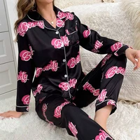 Cute Cat Print Pajama for Women Satin Long Sleeve Lapel Collar Tops & Pants Pyjama Loungewear for Fall Ladies Sleepwear Pj Sets - Image 3