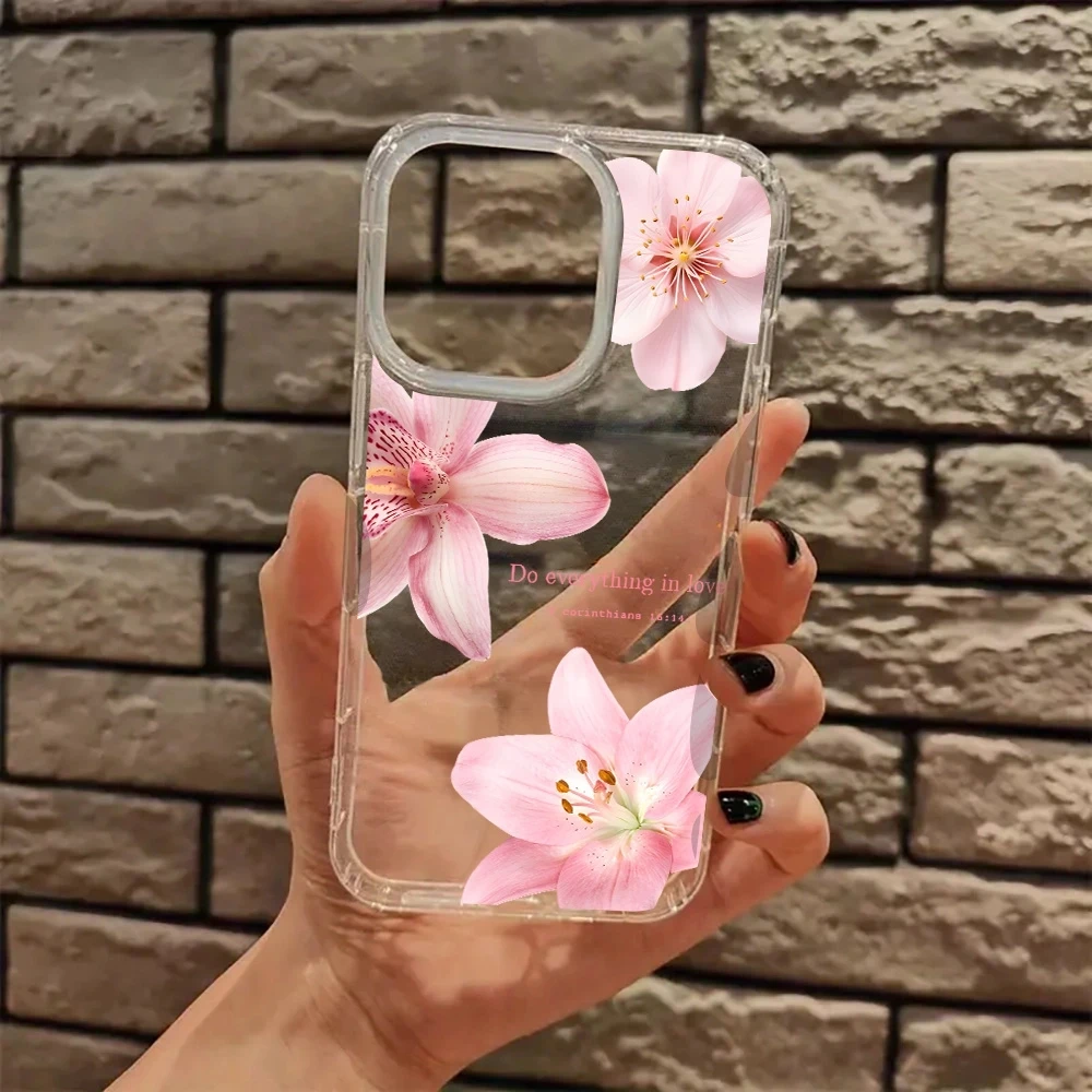 Elegant Pink Hibiscus Pattern Clear Shockproof Phone Case