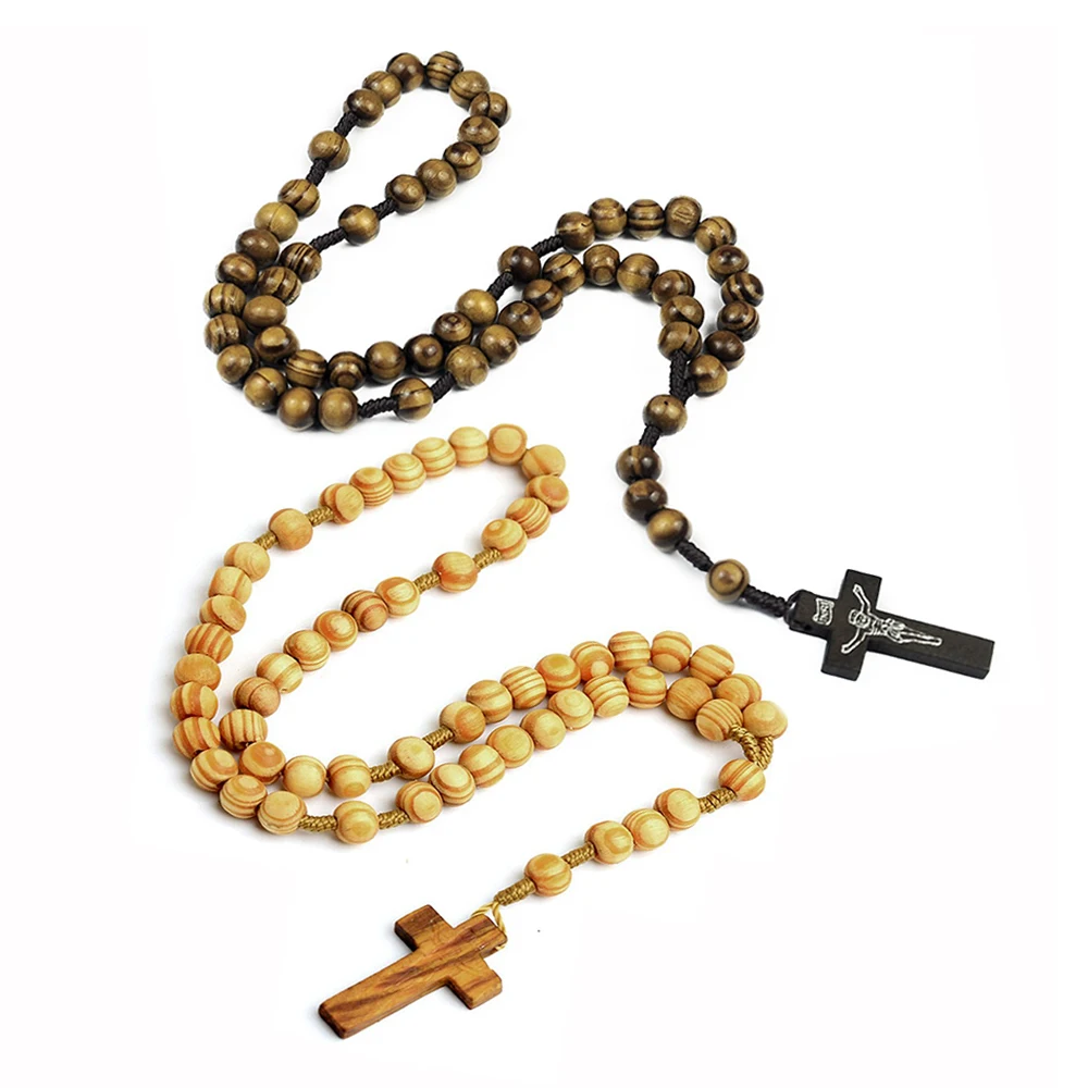Religious Wooden Antique Cross Rosary Pendant Necklaces Beads
