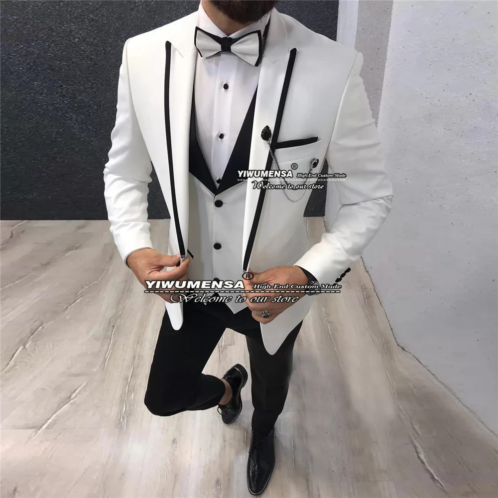 

Spring/Autumn Suits Men White Jacket+Vest+Pants 3 Pieces Slim Fit Groomsmen Tuxedo Custom Made England Style Costume Homme