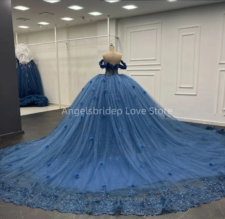Angelsbridep Mexico Blue Ball Gown Quinnceanera Dresses Luxury Beading 3D Appliques Party Vestido De 15 Quincea&ntilde;era
