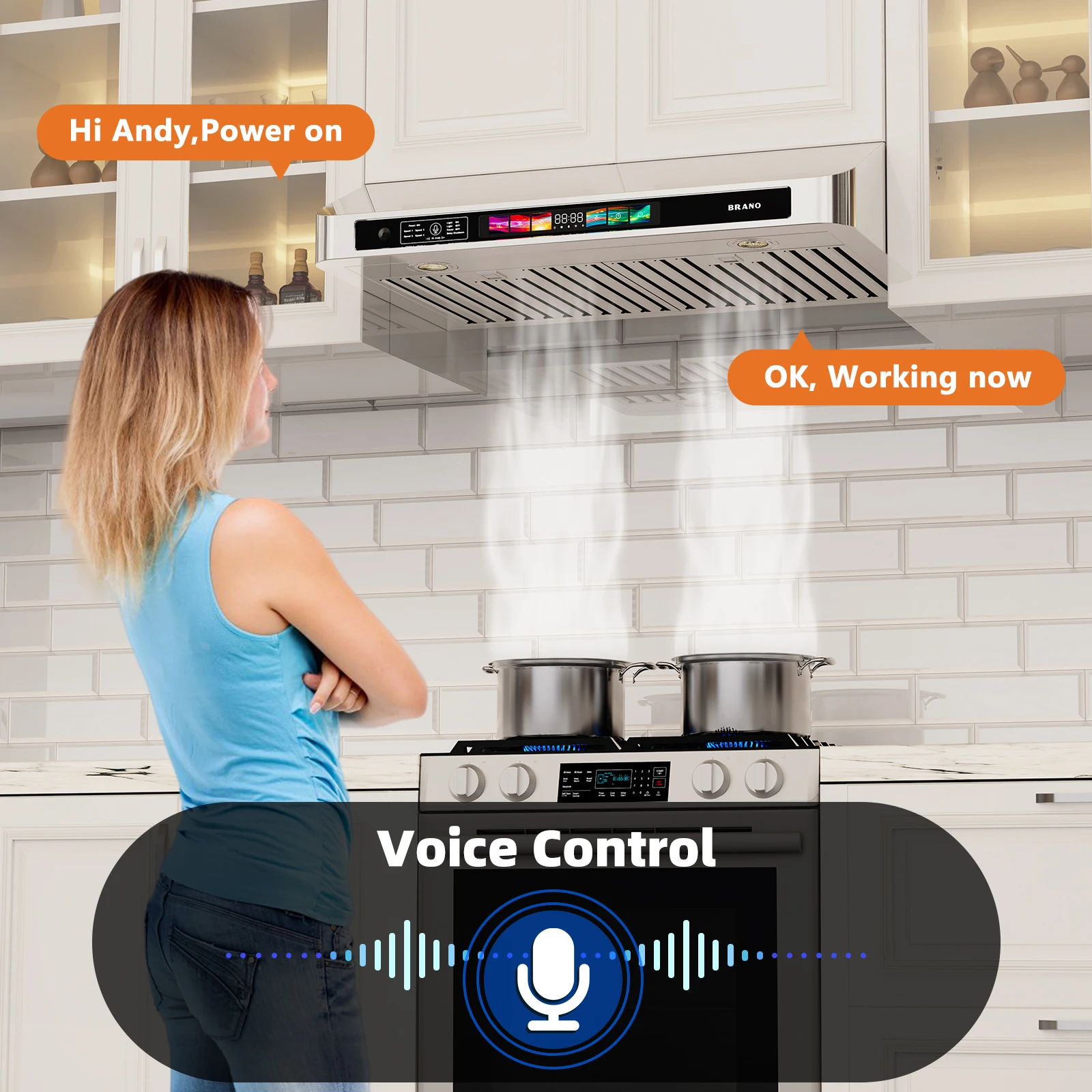 30/36 Inch Under Cabinet Range Hood with Voice/Gesture/Touch Control, 900 CFM Kitchen Vent Hood with 4-Speed Exhaust Fan 3