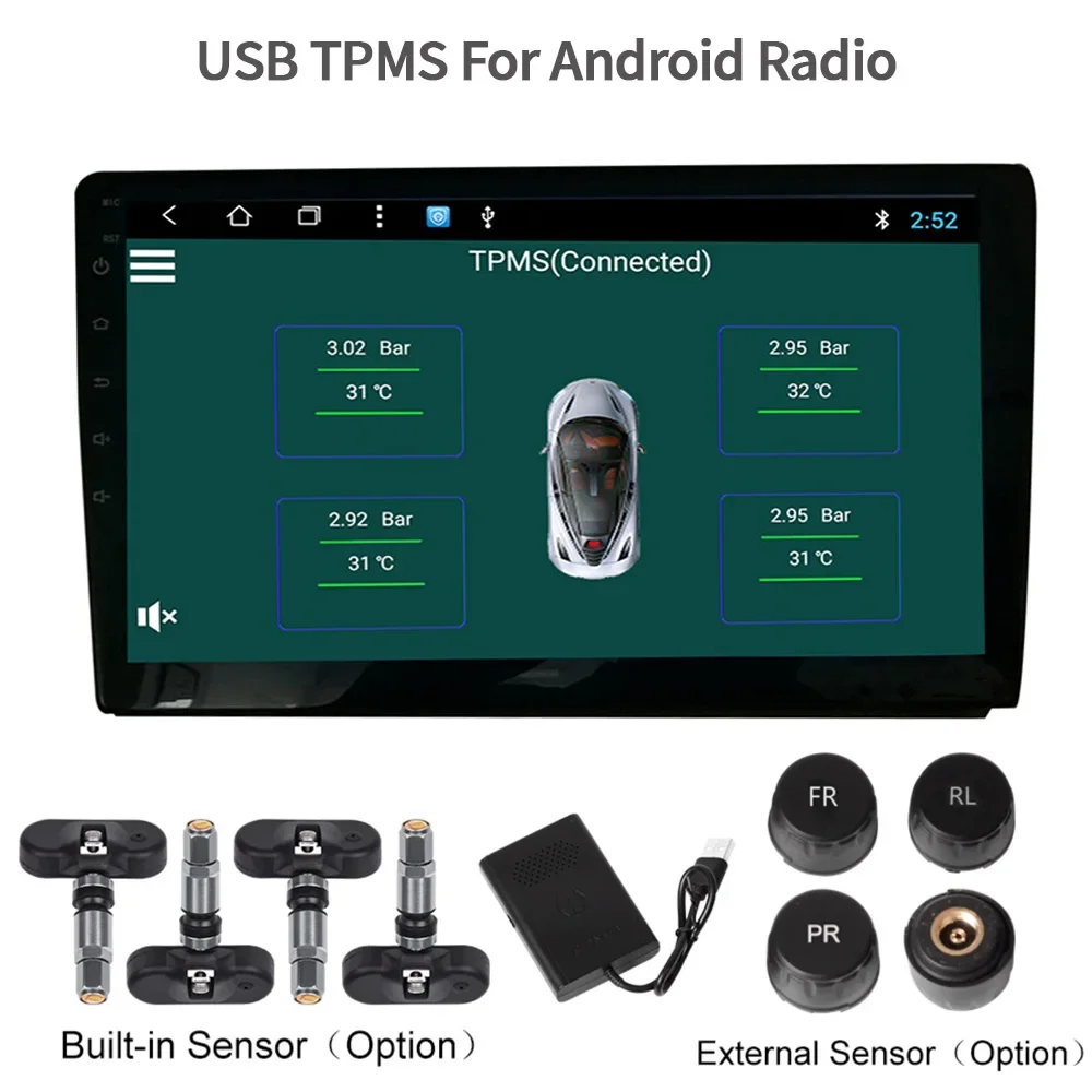 USB Android TPMS Tire Pressure Monitoring System Display Alarm System Internal External 5 Sensors For Car Navigation Radio