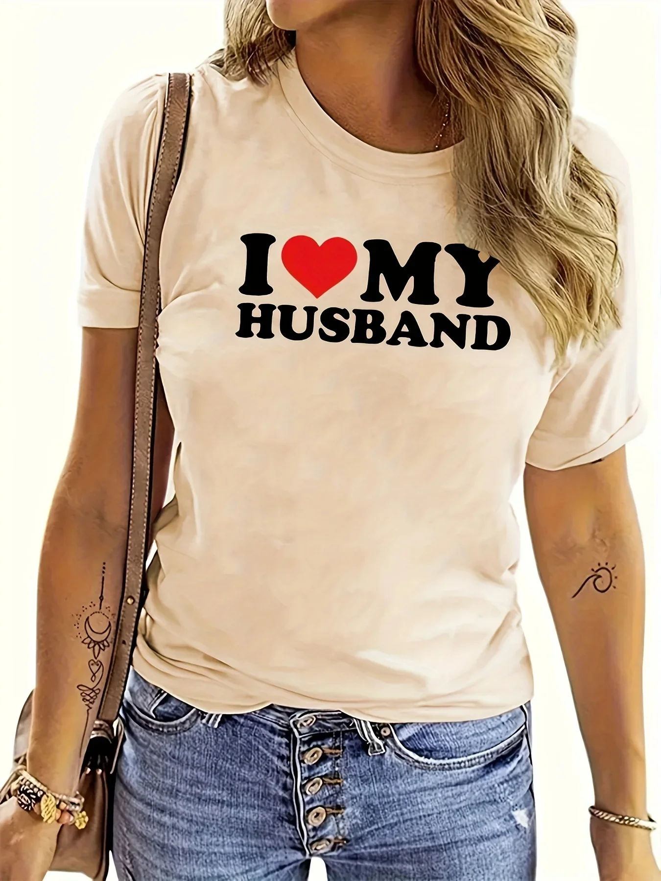 Women's Easy-Care Heart I Love My Husband Print Tee - Comfy Stretch Crew Neck Top for Chic Summer Style 2