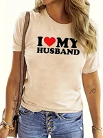 Women's Easy-Care Heart I Love My Husband Print Tee - Comfy Stretch Crew Neck Top for Chic Summer Style 2