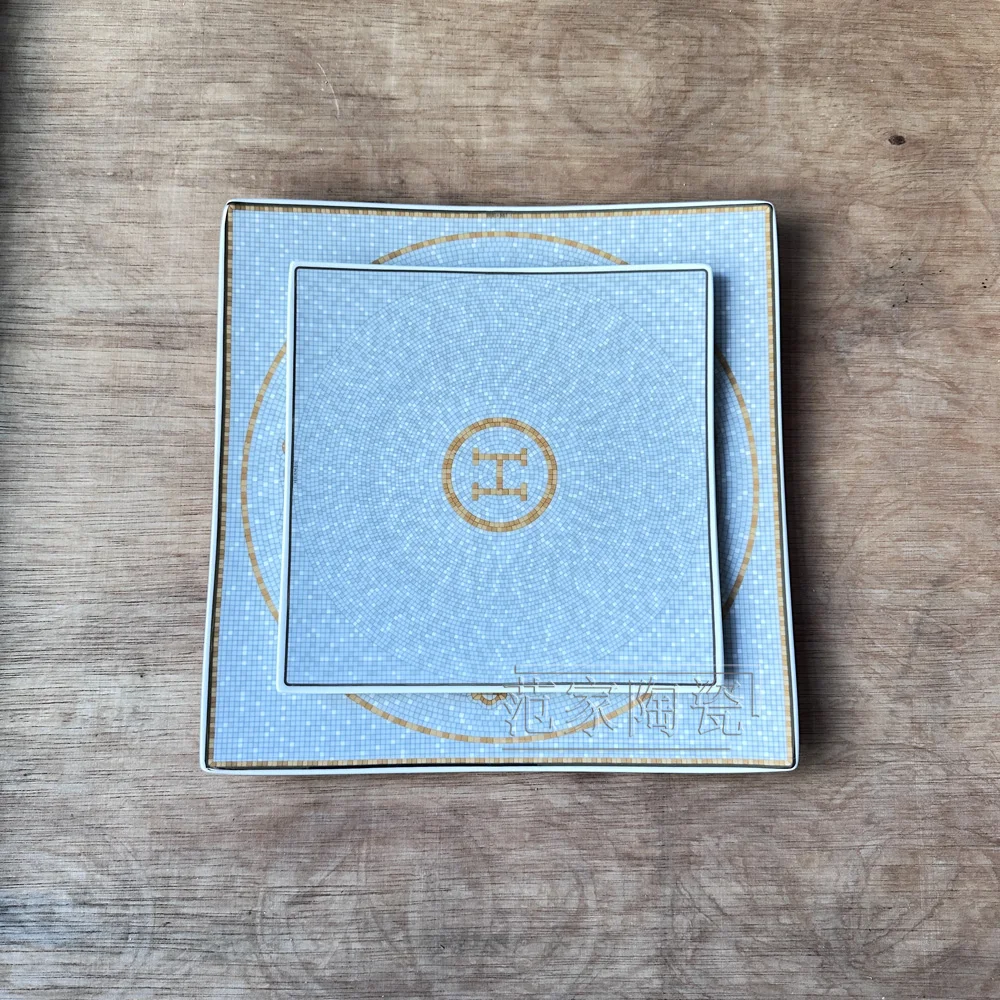 

Bone China Square Dinner Plates with Golden Rim Nordic Hotel Display Tableware Steak Pasta Plate Western Ceramic Shallow Plate