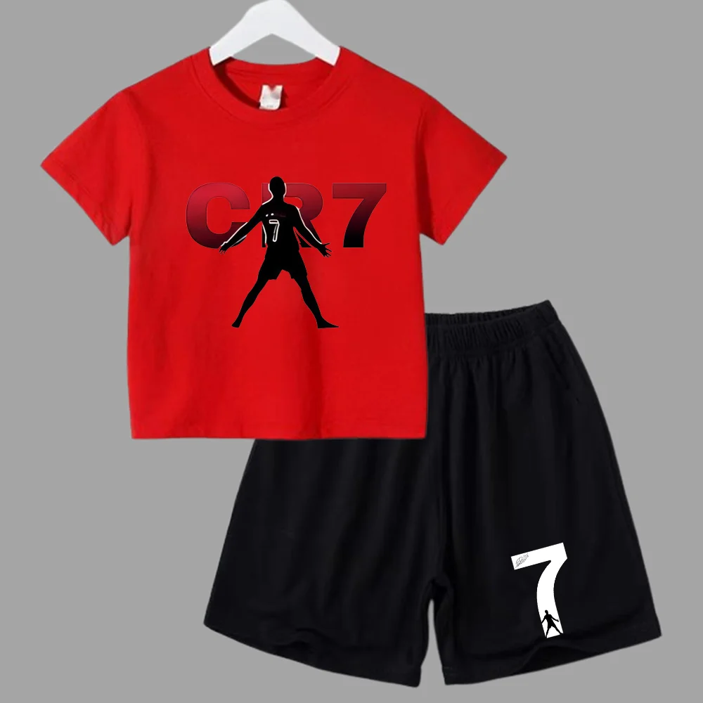 thumbnail image 1 of Traje deportivo de verano CR7 Ronaldo para niños de 2 a 14 años, conjunto de 2 piezas, camisetas de manga corta informales y pantalones cortos, conjuntos de ropa de ídolo para niños, 1 of 5