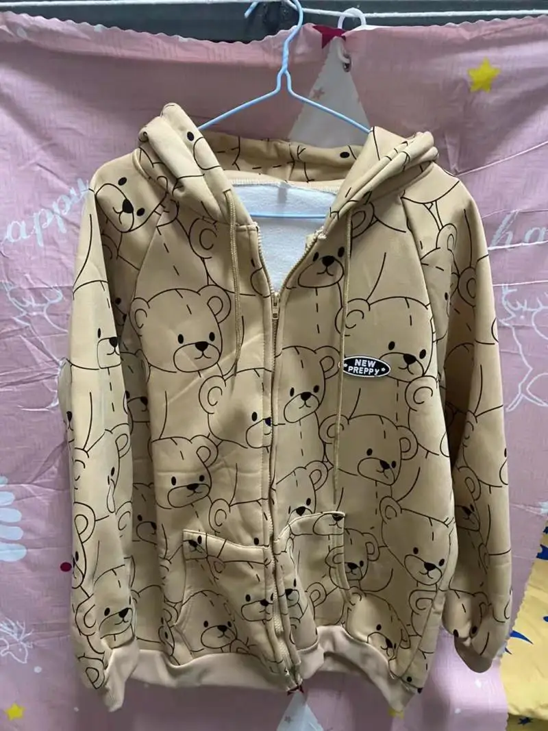Harajuku Cute Teddy Bear Hoodies Preppy Style Hooded Tops Sport Outwear Sweatshirts Women Simple All Match Spring Autumn Coats