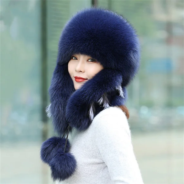 Women's 100% Real Fox Fur Hat S-XL Premium Aviator Russian Ushanka Trapper  Winter Genuine Leather Fox Fur Hat - White - Zavelio