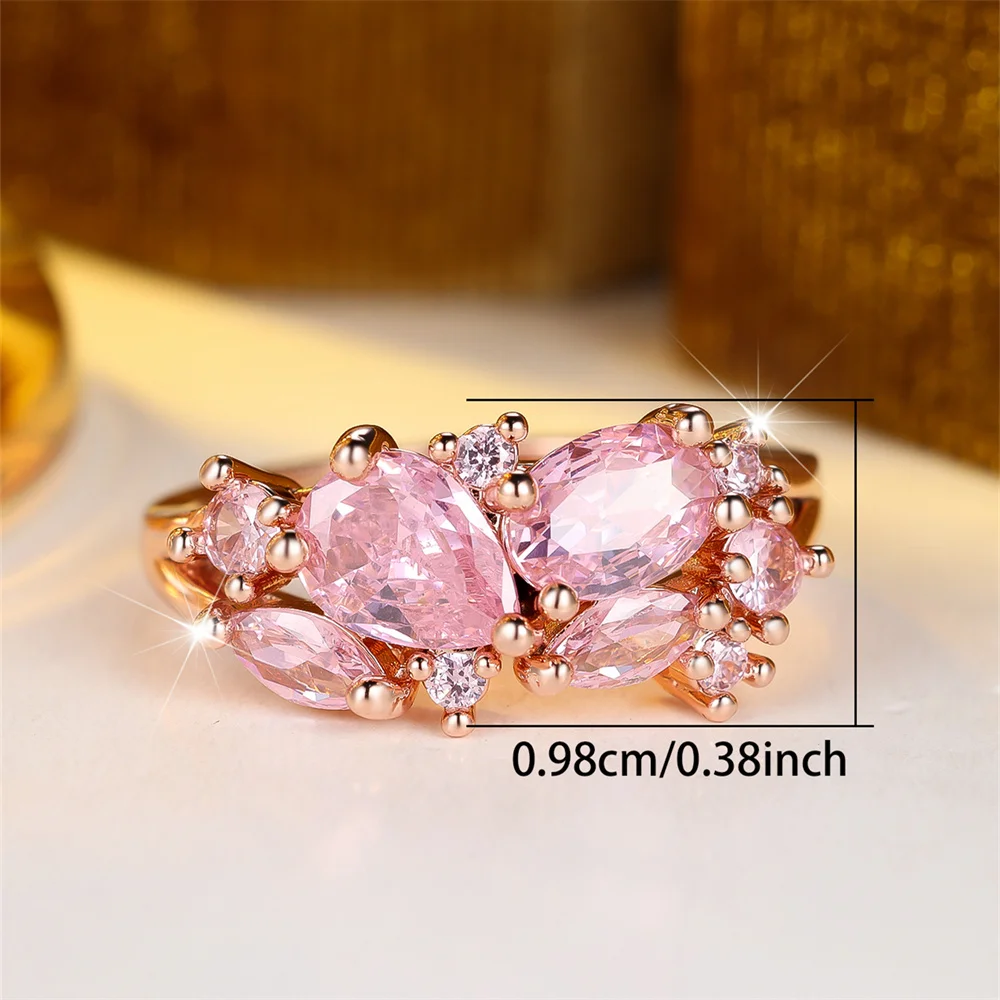 Cute Pink Crystal Water Drop Stone Rings For Women Vintage Rose Gold Color Engagement Ring Wedding Jewelry Bridal Versatile Gift