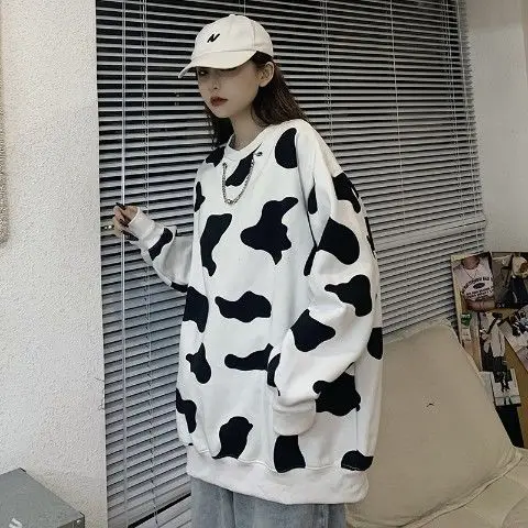 Women Japanese Harajuku Cute Milk Embroidered Long Sleeve Hooded Sweatshirt Kawaii Cow Print Pullover 2022 Fashion Korean Jumper