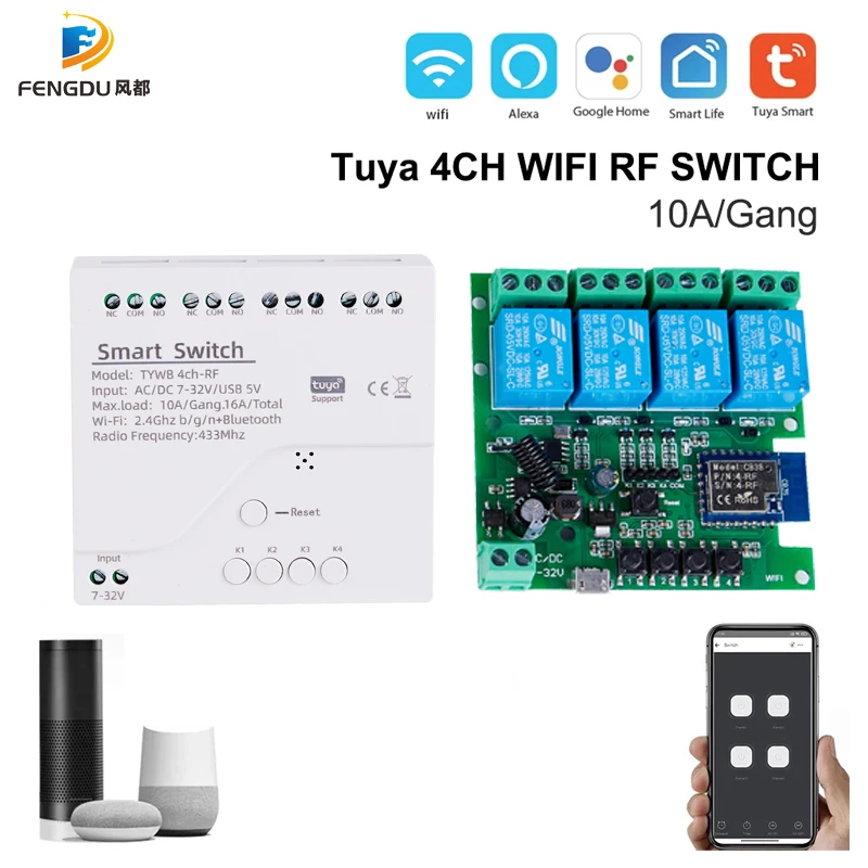 

Smart Home Tuya Wifi Switch 4CH DC/AC 7-32V 85-250V 220V 24V 5V RF Receiver 10A wifi Relay Module For Alexa DIY Google Home