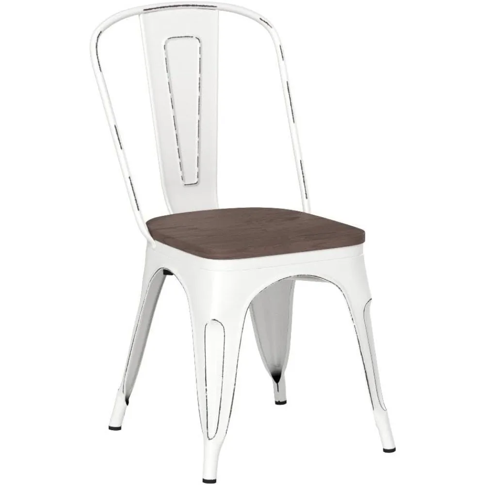Metal Dining Chairs with Wood Seat, Indoor Outdoor Use Stackable Tolix Industrial Metal Chairs Set of 4 for Kitchen
