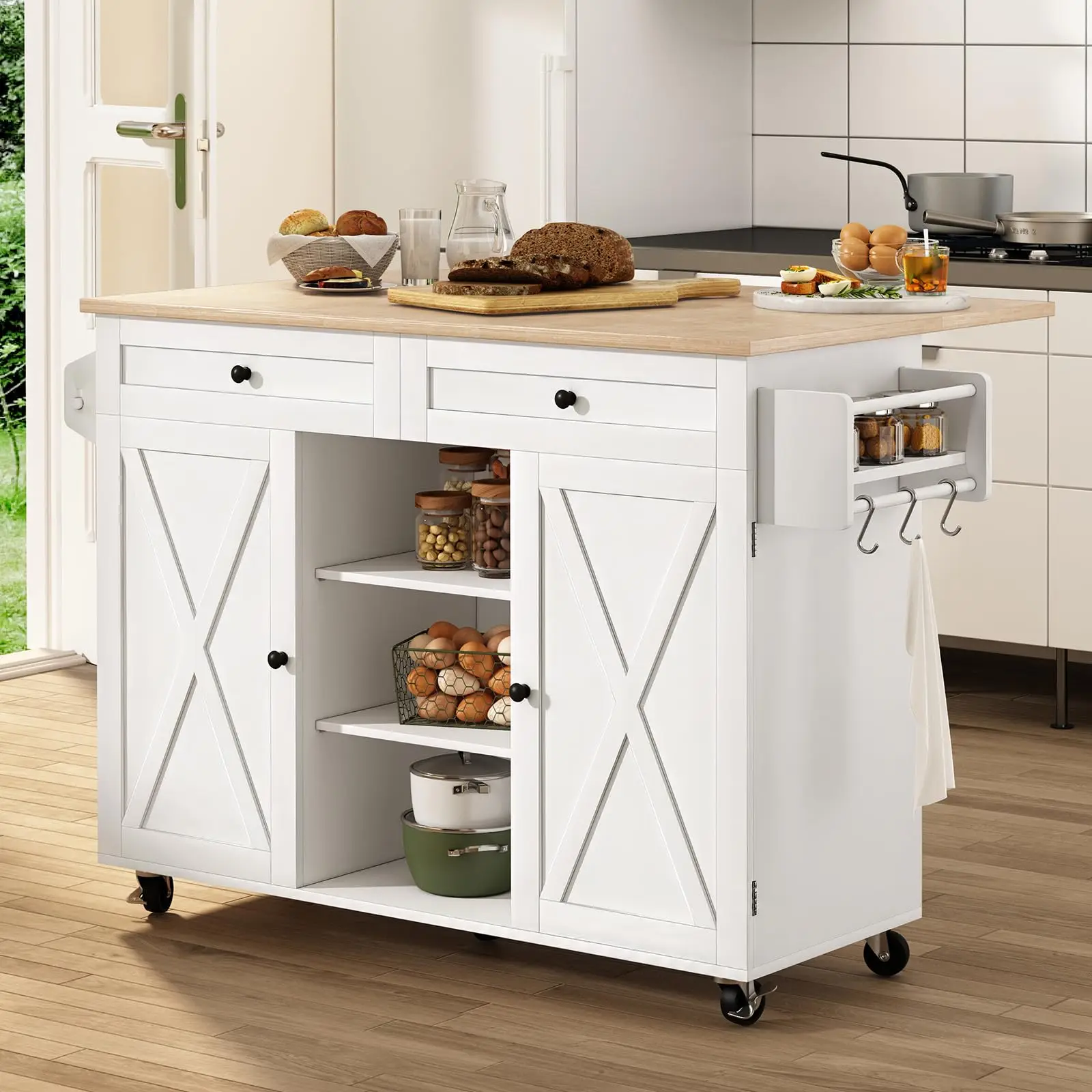 Rolling Kitchen Island Cart with Drop Leaf Countertop, Barn Door Kitchen Island Table with Storage Cabinet and Tower Rack