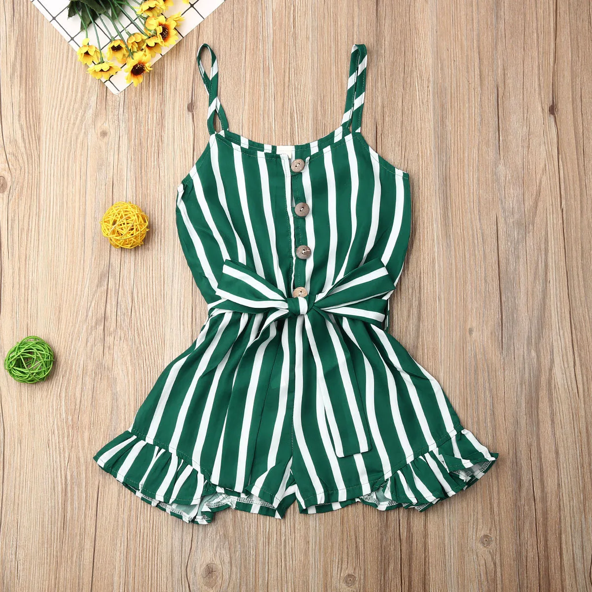 3-8Y  ҳ Playsuits     μҸ Ruffle Stripe Short Romper  Ʈ Kids Casual Overalls