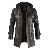 Coat Windproof Clothes Men's Hooded Long Leather coat Men's Leather Motorcycle Leather fashion Winter Korean Fashion Jacket 1