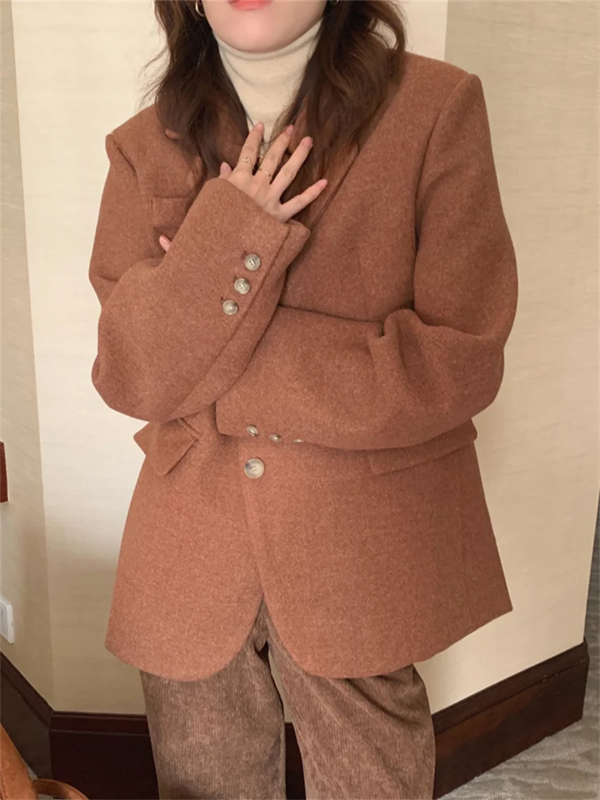 Arazooyi High Street Blazers Woolen Chic Slim Autumn Work Wear Gentle Office Lady 2023 Elegant Full Sleeve Daily Coats khaki england style blazers single button solid colors suit women 2023 spring autumn new fashion chic office lady vintage blazer