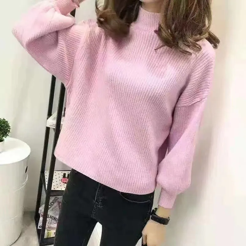 New Autumn and Winter Knitted Women's Semi High Neck Sweater Fashionable and Elegant Solid Color Lantern Sleeve Knitwear Top