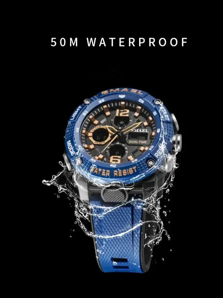 Orologio Sportivo Digitale SMAEL 8049, Uomo, Impermeabile, Con Cronometro E Doppio Fuso, Colore Arancione