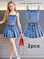 Girls 2-Piece Faux Denim Outfit – Denim Print Cami Crop Top & Pleated Mini Skirt Set (Non-Denim Fabric) 1