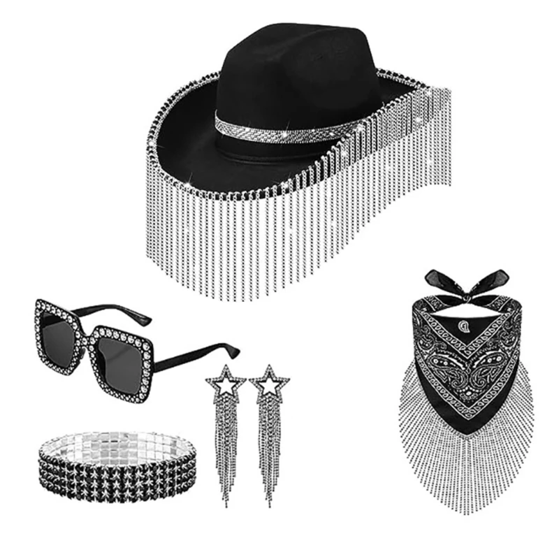 

Bachelorette Cowgirl Hats Set Includes Bride Cowgirl Hats Sunglasses Earring Bracelet and Bandanas Bridal Party Props