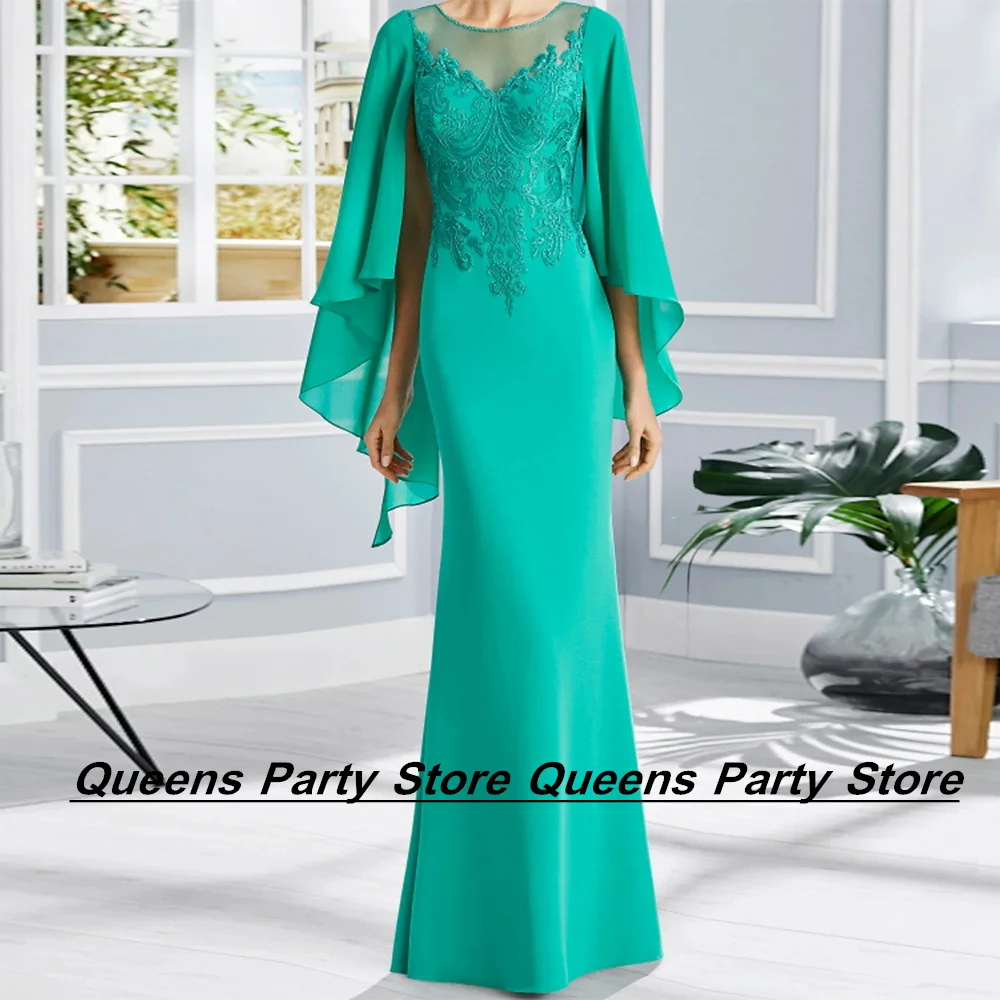 

Weilinsha Mint Mother of The Bride Dress Scoop Neck Batwing Sleeves Applique Floor Length Illusion Back Wedding Guest Gown