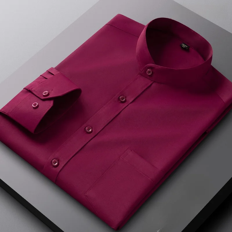 Camisa de manga larga con cuello levantado (cuello mandarín) para hombre, camisas de vestir de oficina de negocios informales inteligentes con un solo bolsillo tipo parche