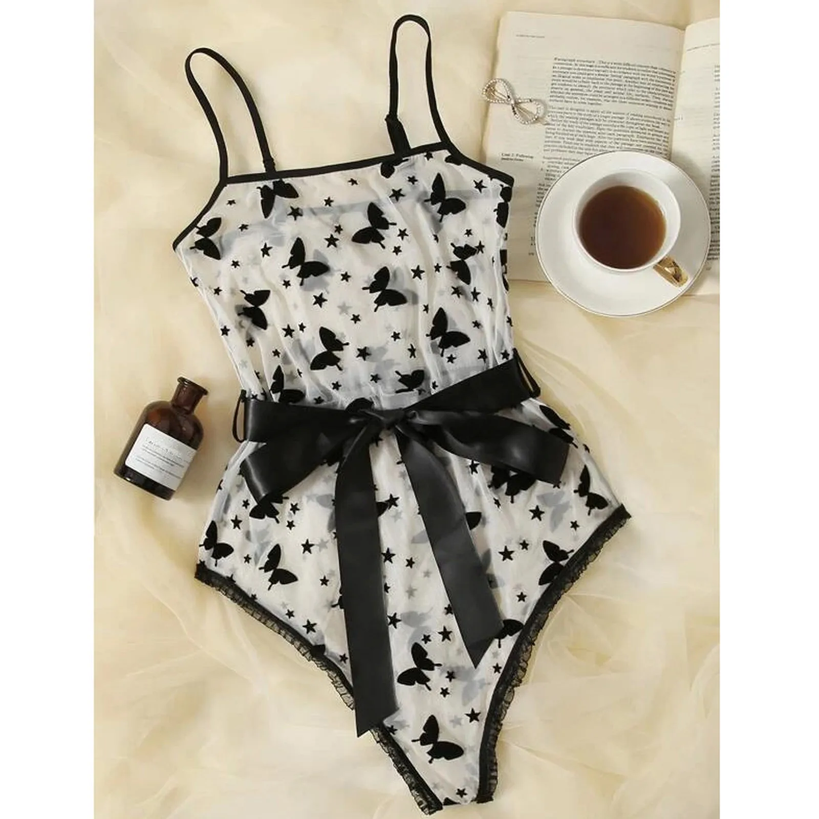 Sexy Teddies Mesh Lace Embroidery Bodysuit Women's Sexy Lingerie Bowknot See-Through Teddy Temptation Bodysuits Lenceria_voghion.com