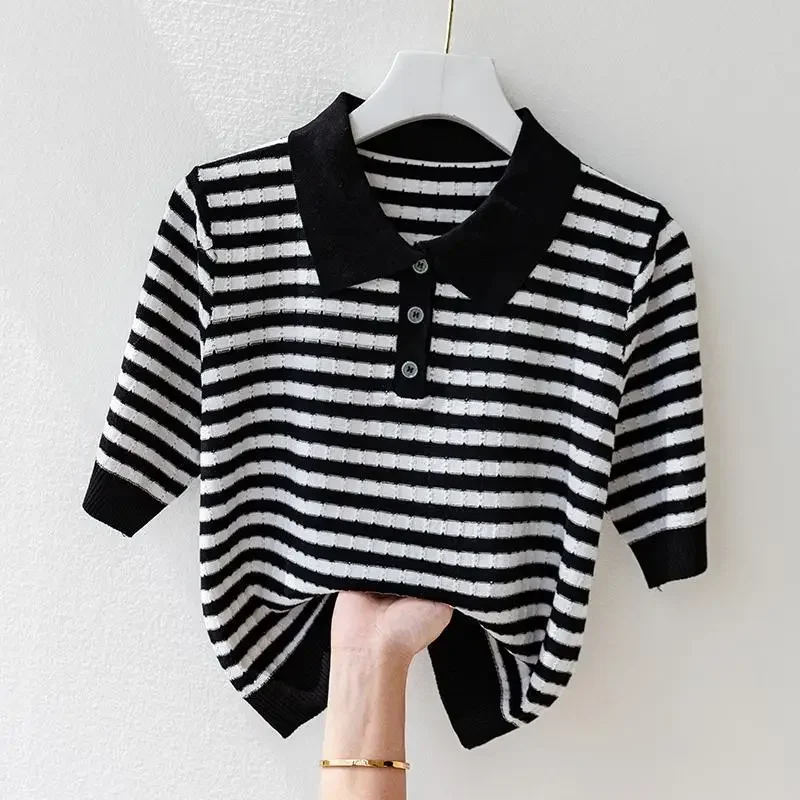 492616-5ae054.jpg Fashion Women Short Sleeve Striped Knitted Polo Shirts Spring Summer All-match Tees Female Clothing New Pullover Bottoming Tops - Image 1